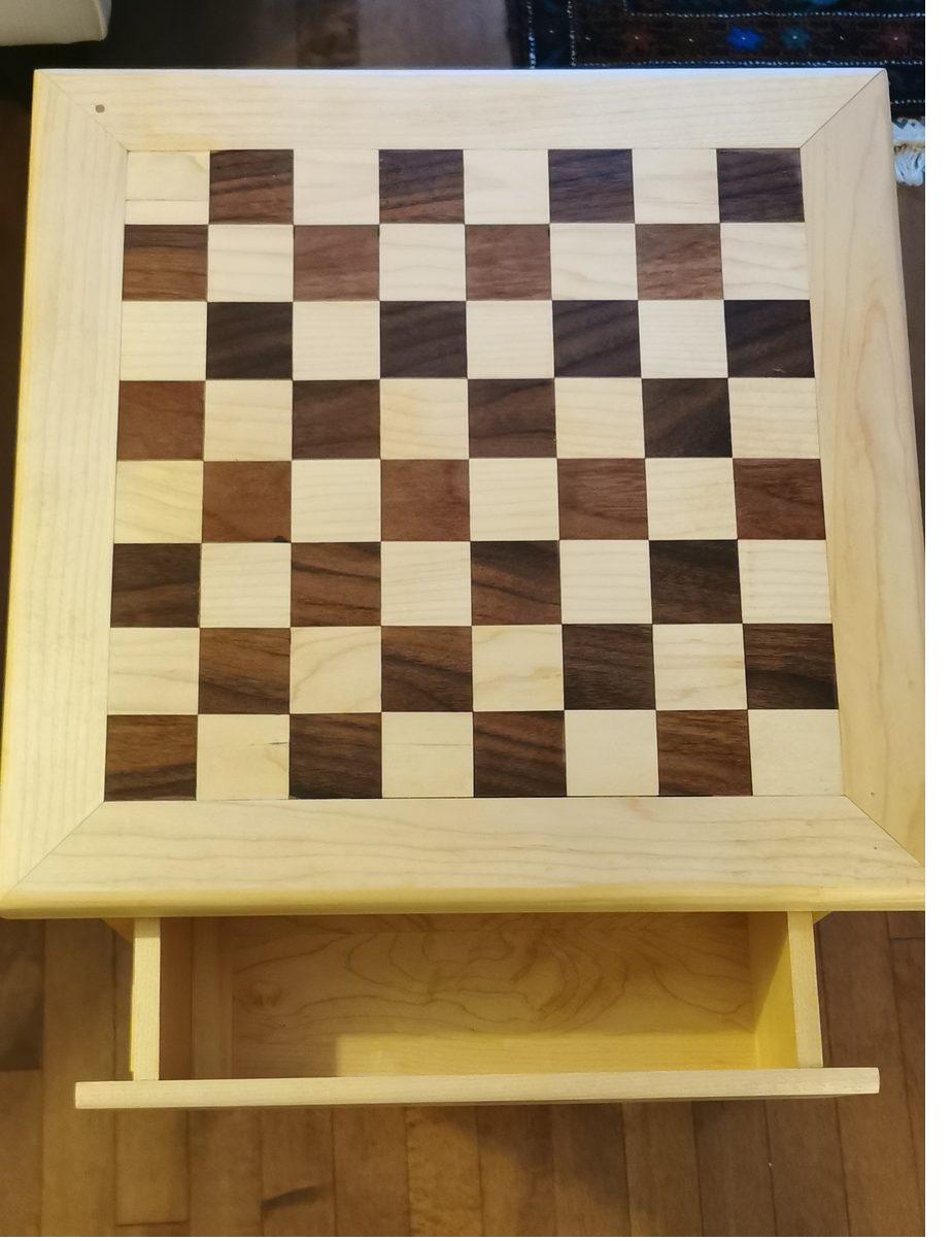 Walnut and maple chess table detail top view