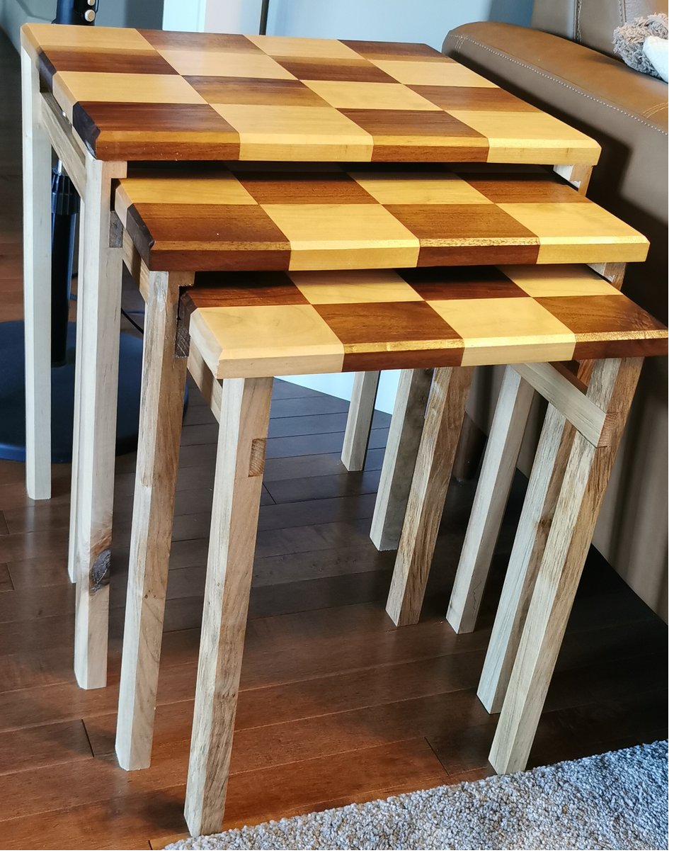 Walnut and maple nesting tables set of three